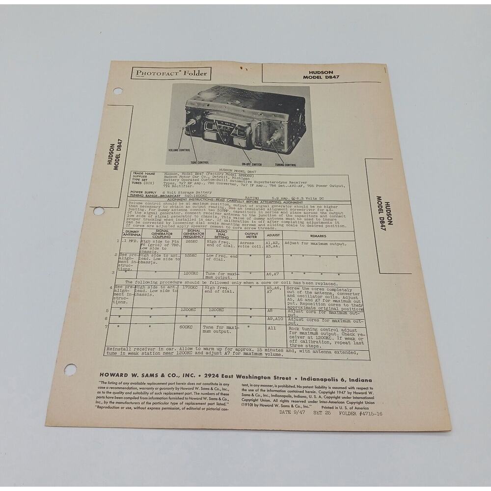 VTG Howard Sams 1947 Radio Photofact Folder Hudson Model DB47